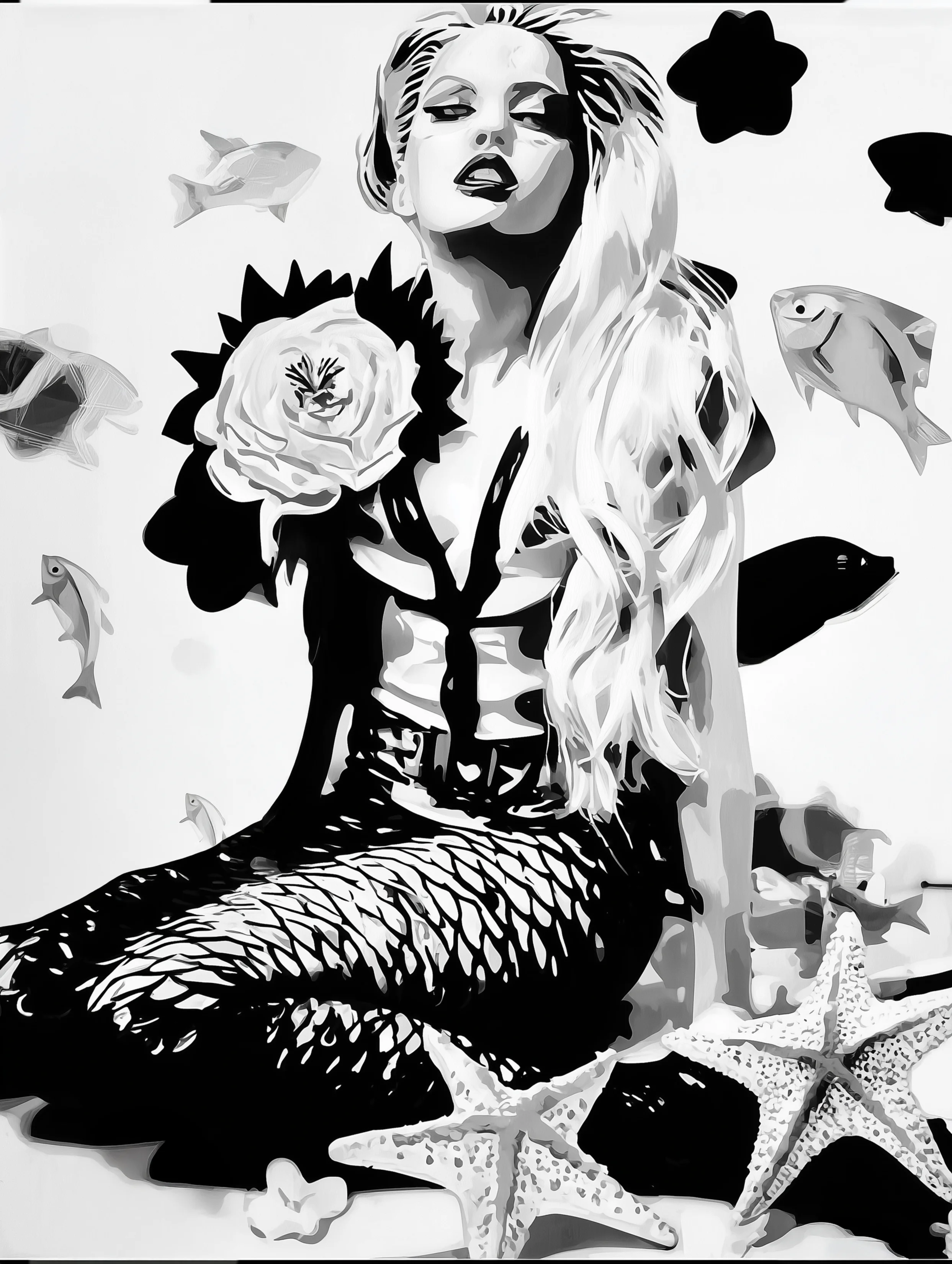 Free printable mermaid coloring page for adults featuring long hair mermaid